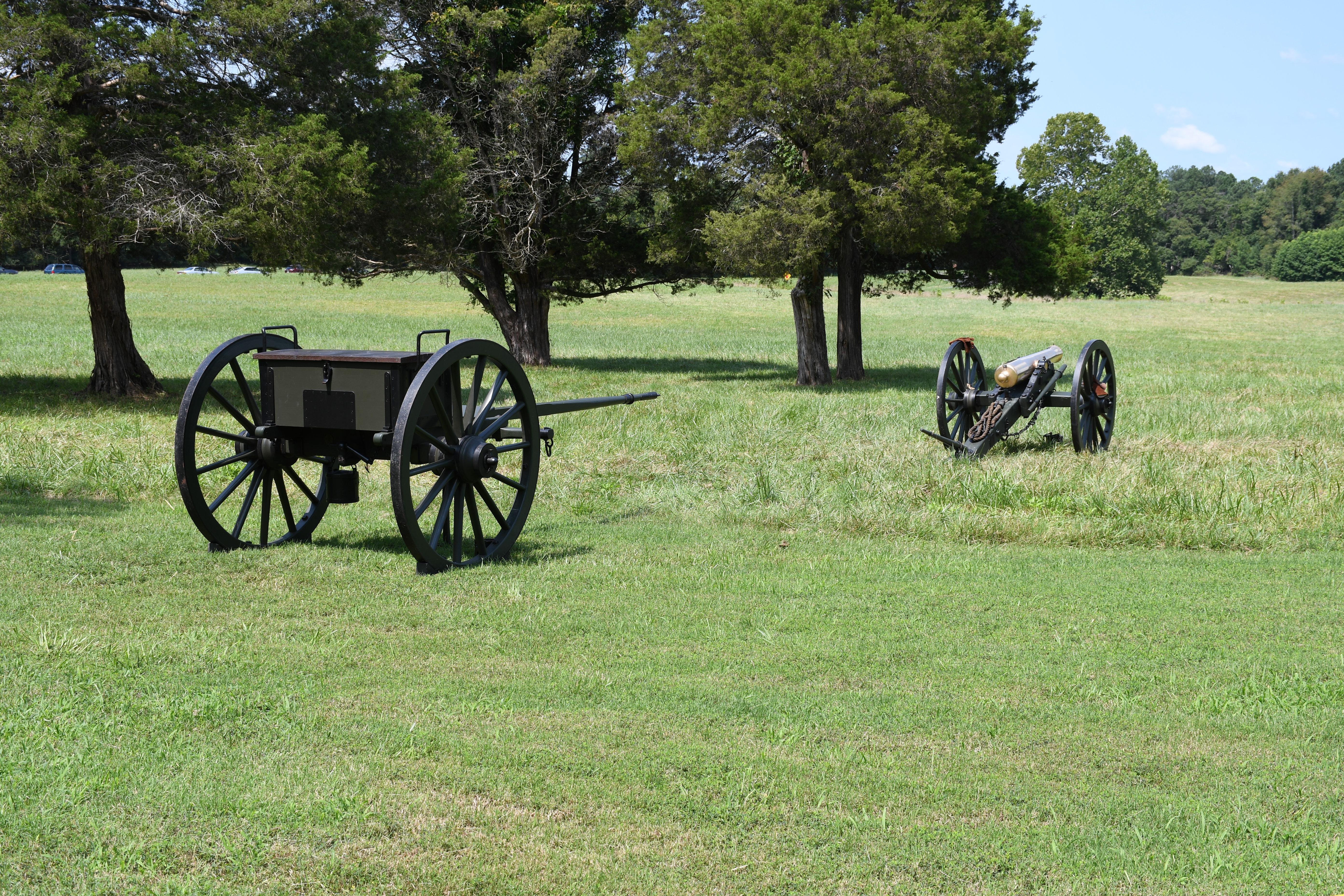 A cannon and limber sit in a grassy field in front of a line of trees.