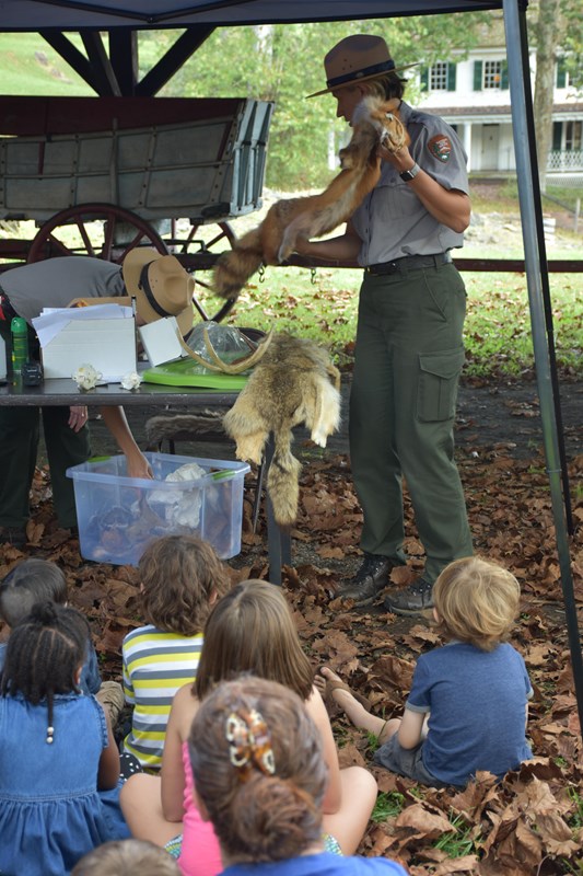 A park ranger holds a pelt while discussing the park's natural resources with students.