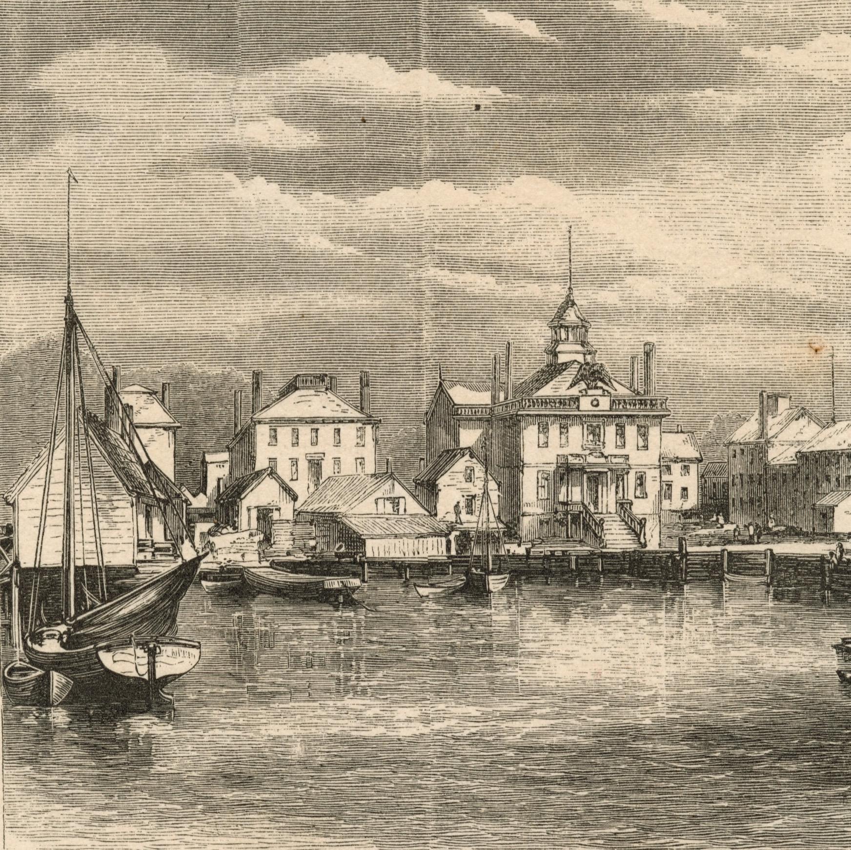 An illustration of a busy waterfront with ships in the foreground and buildings in the background.