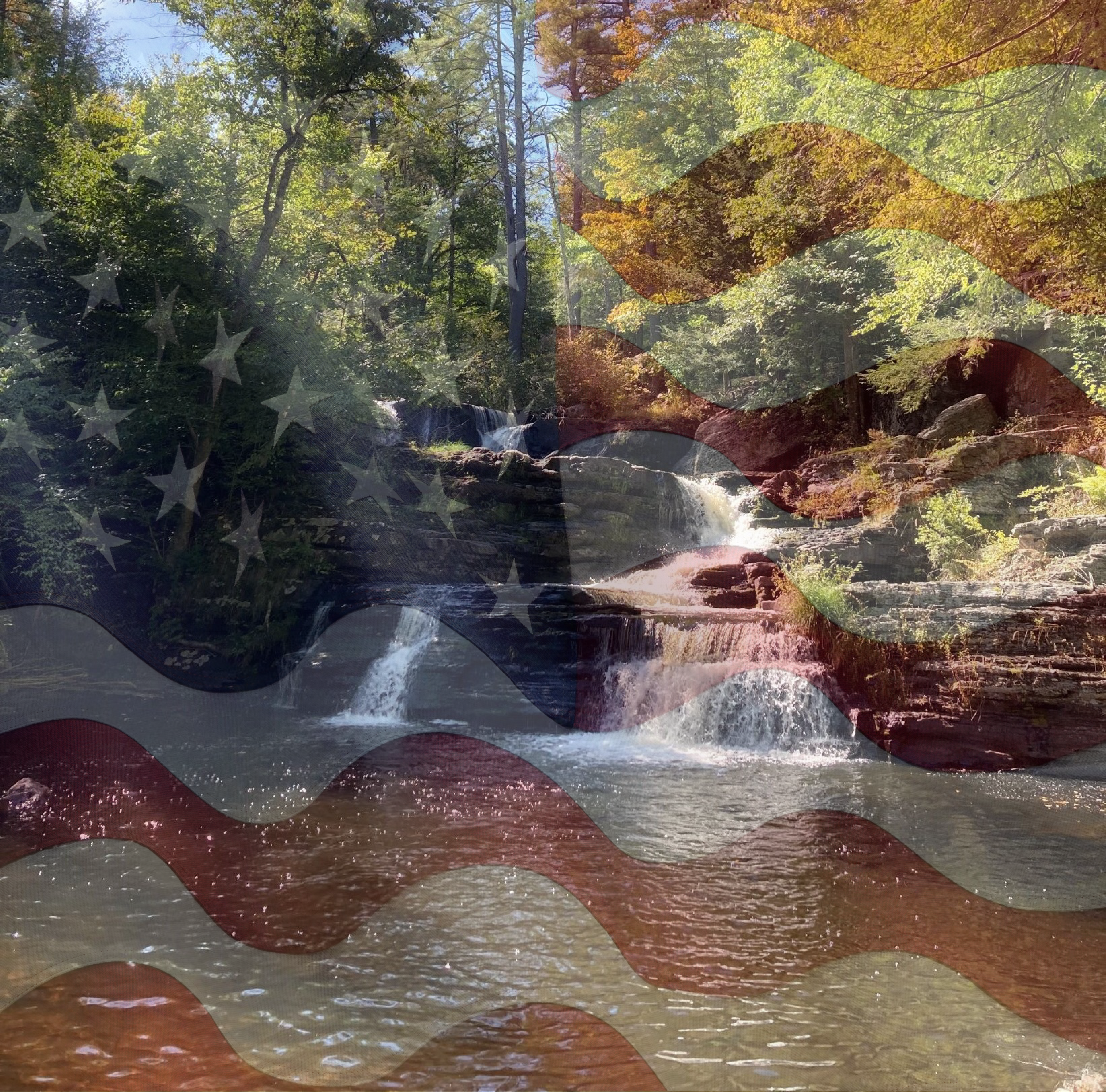 A small tiered waterfall in a wooded area with the image of a USA flag overlaid.