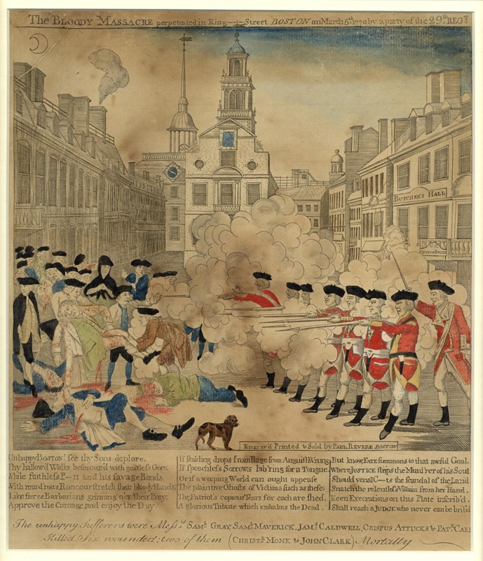 Engraving depicting soldiers in red coats opening fire on colonial townspeople