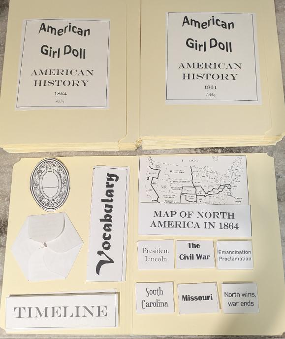 A folder with pasted symbols and words including a map of North America in 1864.
