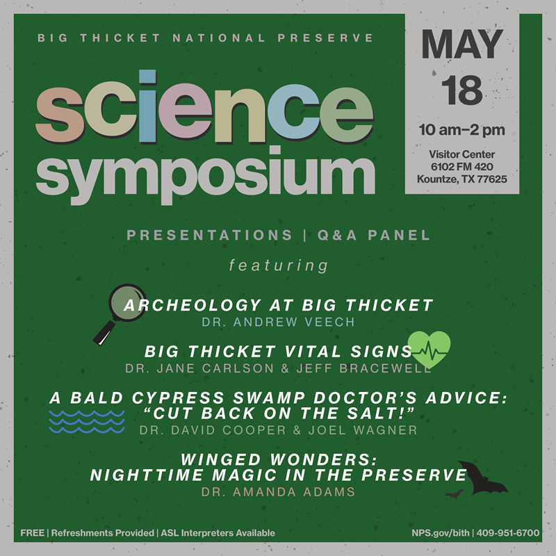 green Graphic with text: Science Symposium, May 18, 10am-2pm; titles of presentations.