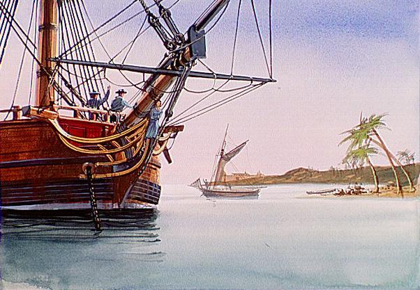An illustration of a ship arriving at a sandy island
