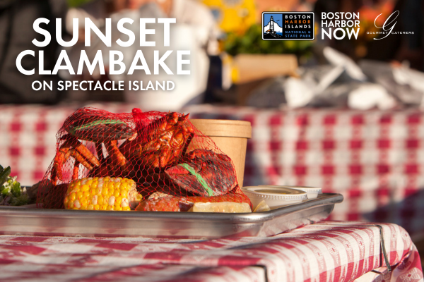 Sunset Clambake on Spectacle Island Graphic, a lobster meal on a picnic table