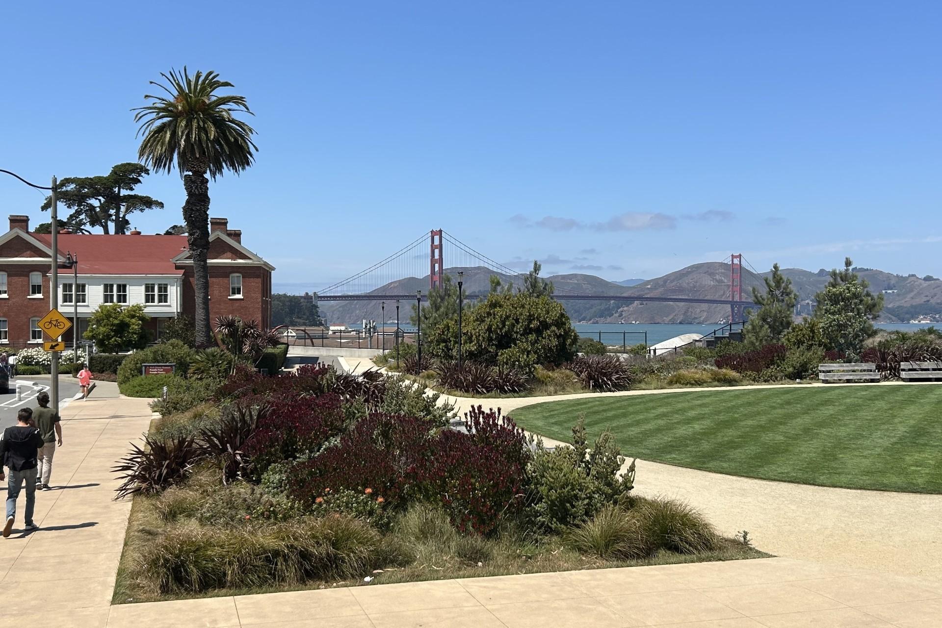 People walk down a sidewalk near white buildings and a large lawn.