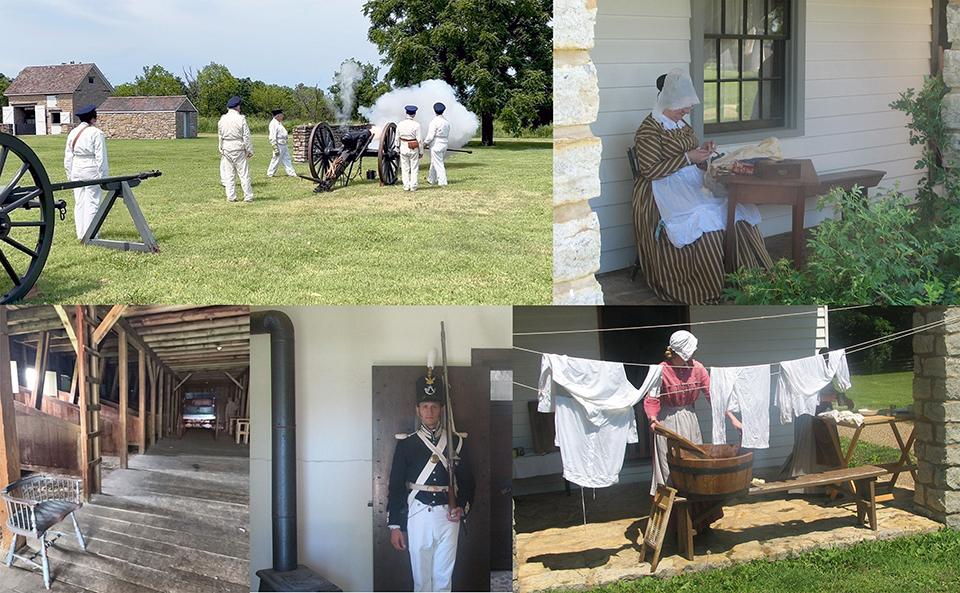 Five grouped pictures of reenactors in period clothing.