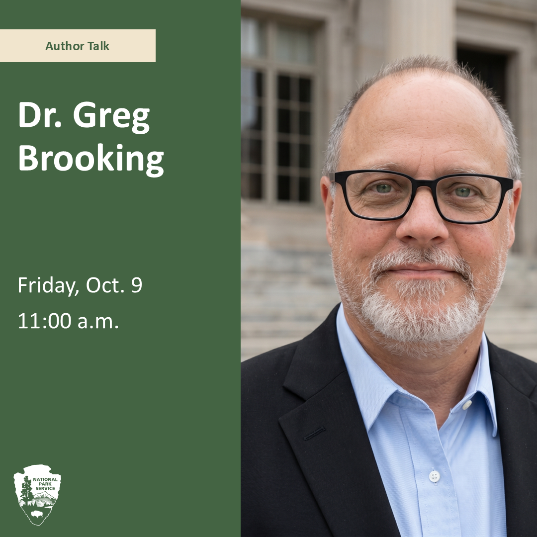 Graphic reading "author talk, Dr. Greg Brooking, Friday October 9, 11:00 a.m."