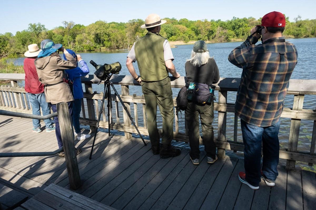 6 people are standing on a boardwalk looking over water with binoculars trying to find birds.