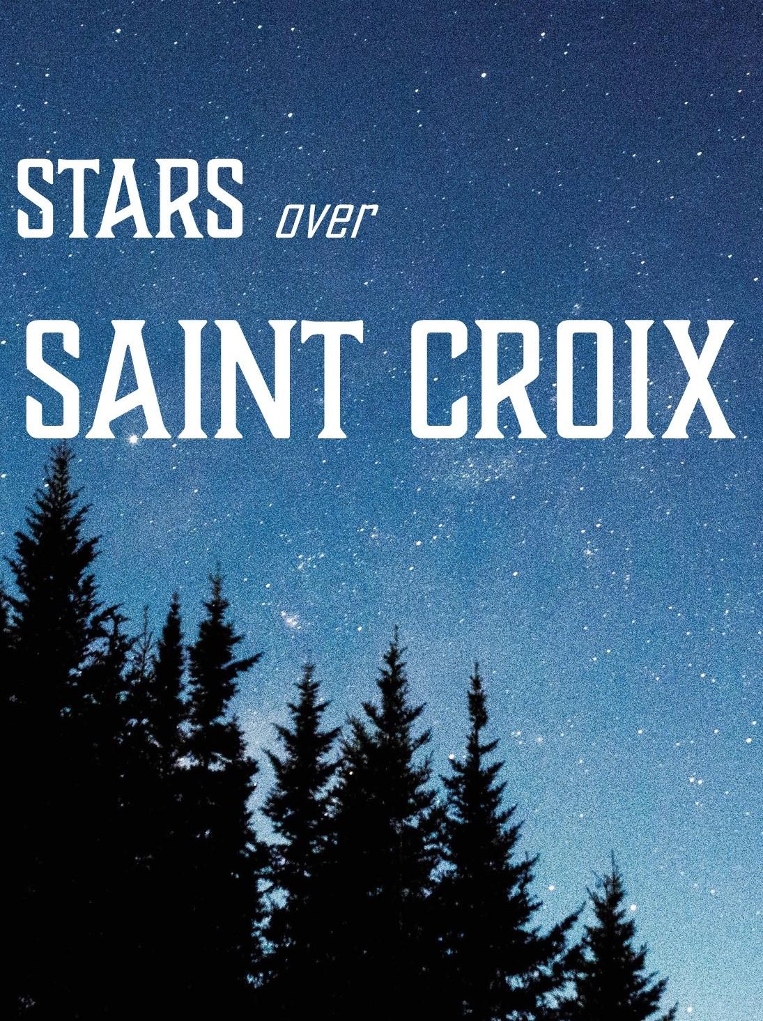 A dark blue sky with stars and along the left and bottom edge is a tree line in silhouette.