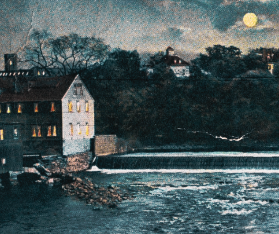 Painting of river with dam and mill building with lights inside under a full moon
