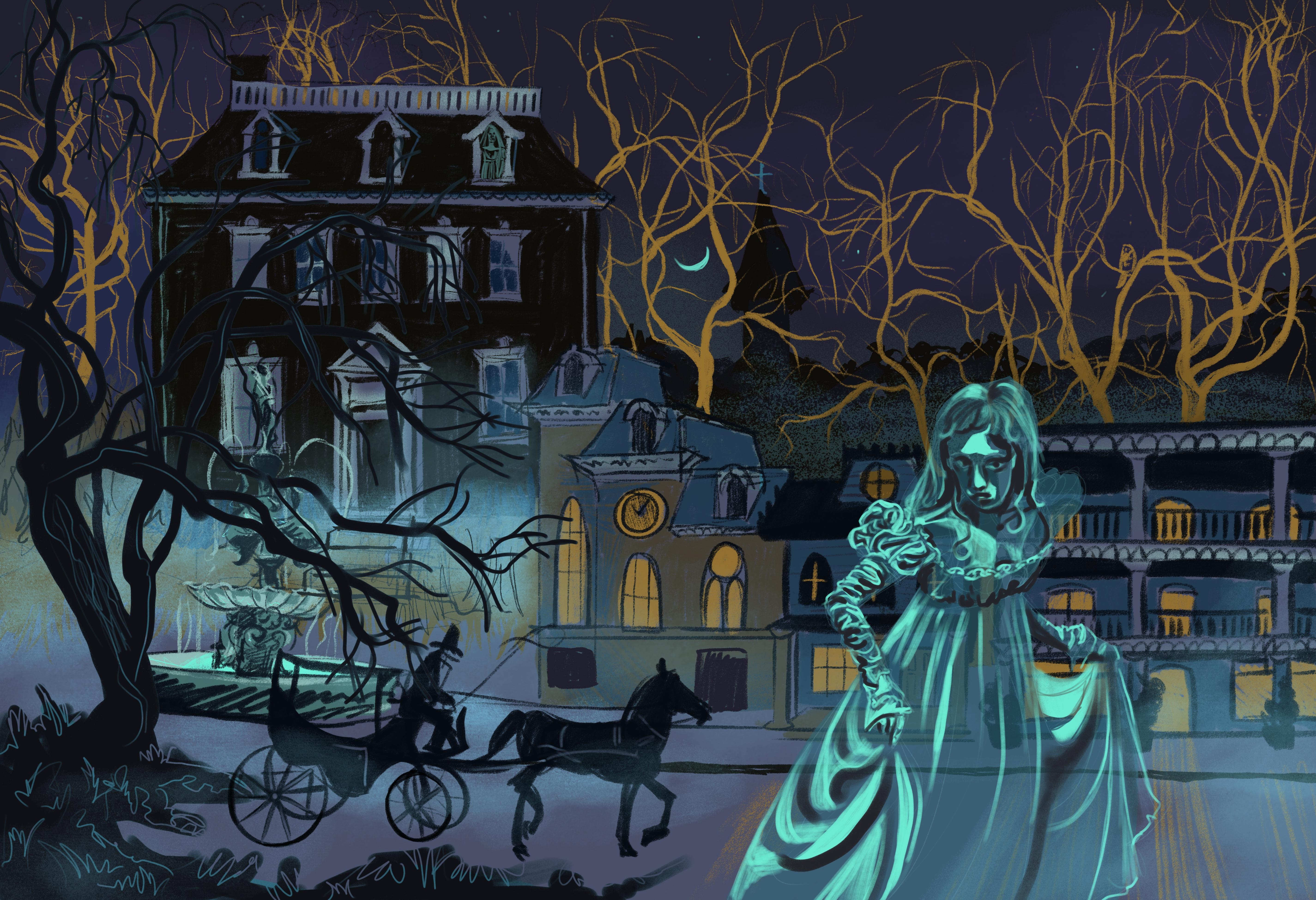 Illustrated ghostly woman standing on a historic street at night near a horse-drawn carriage.