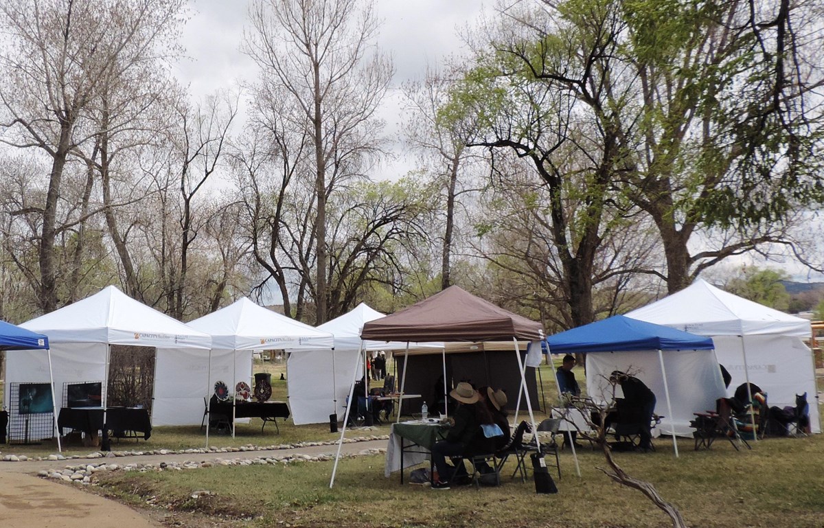 Tents line a trail in a picnic area, with people and displays in the tents, during springtime.