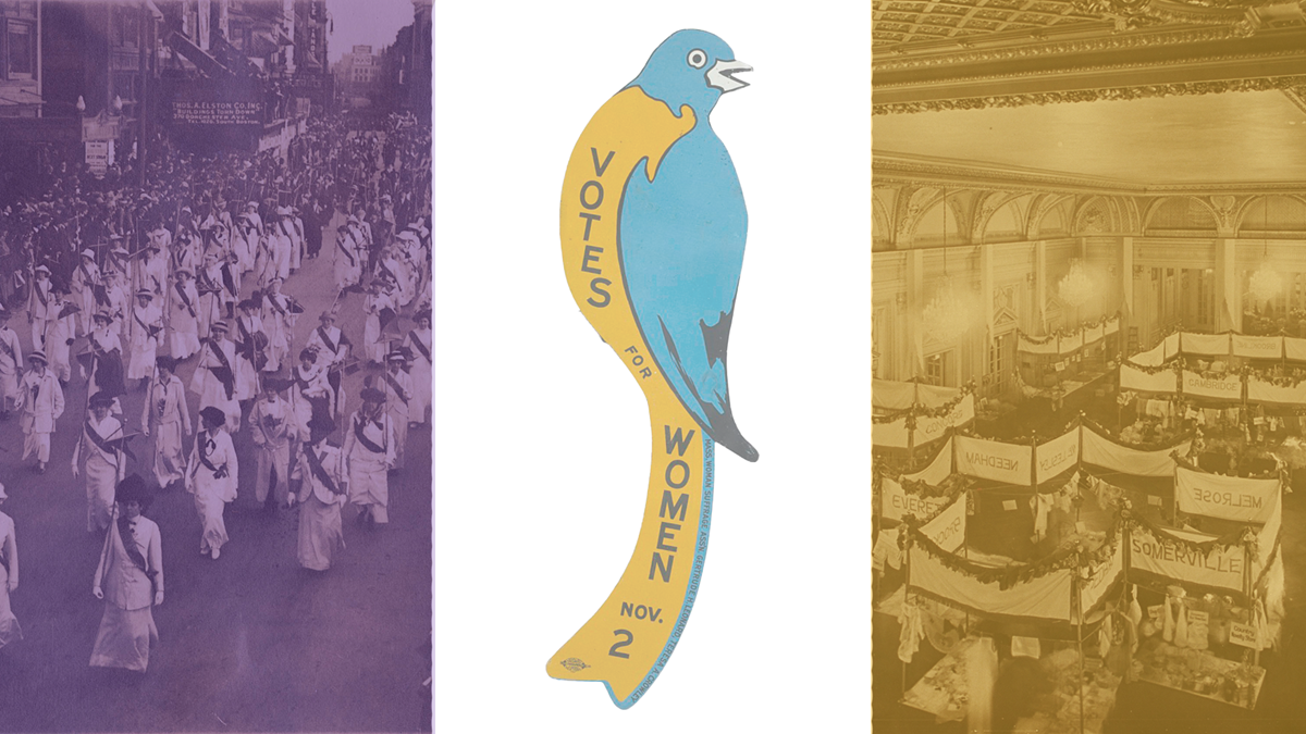Graphic of women marching, suffragist blue bird, and women meeting