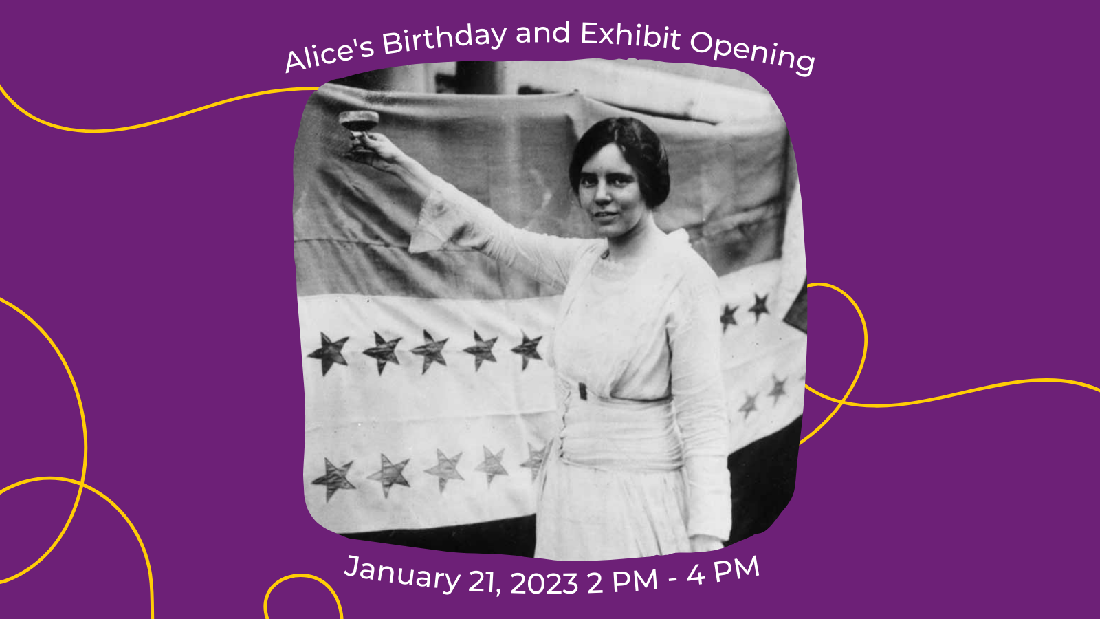 cropped photo of Alice Paul raising a glass in front of a large ratification banner