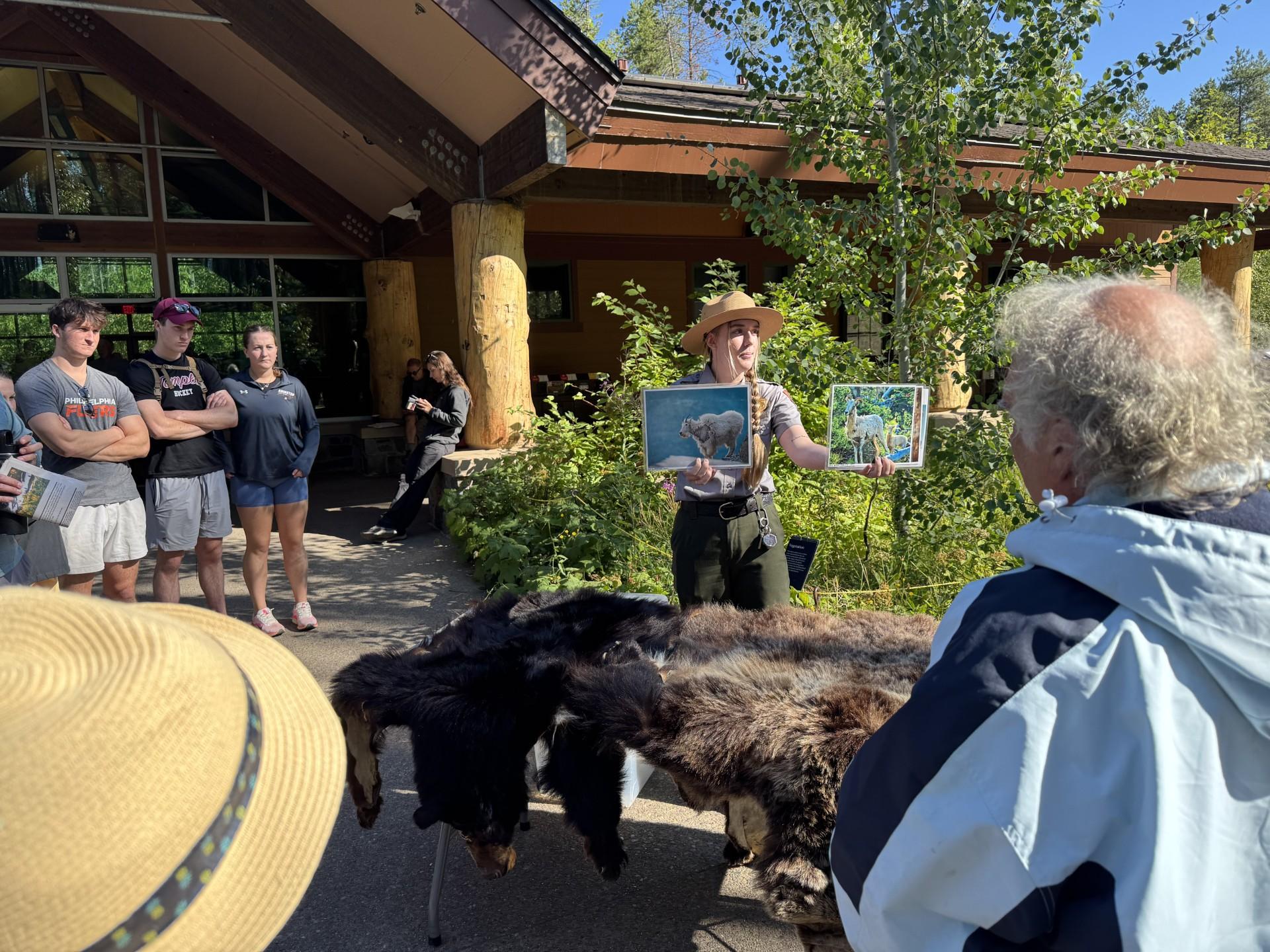 Park ranger holds up two photographs of wildlife in front of building.