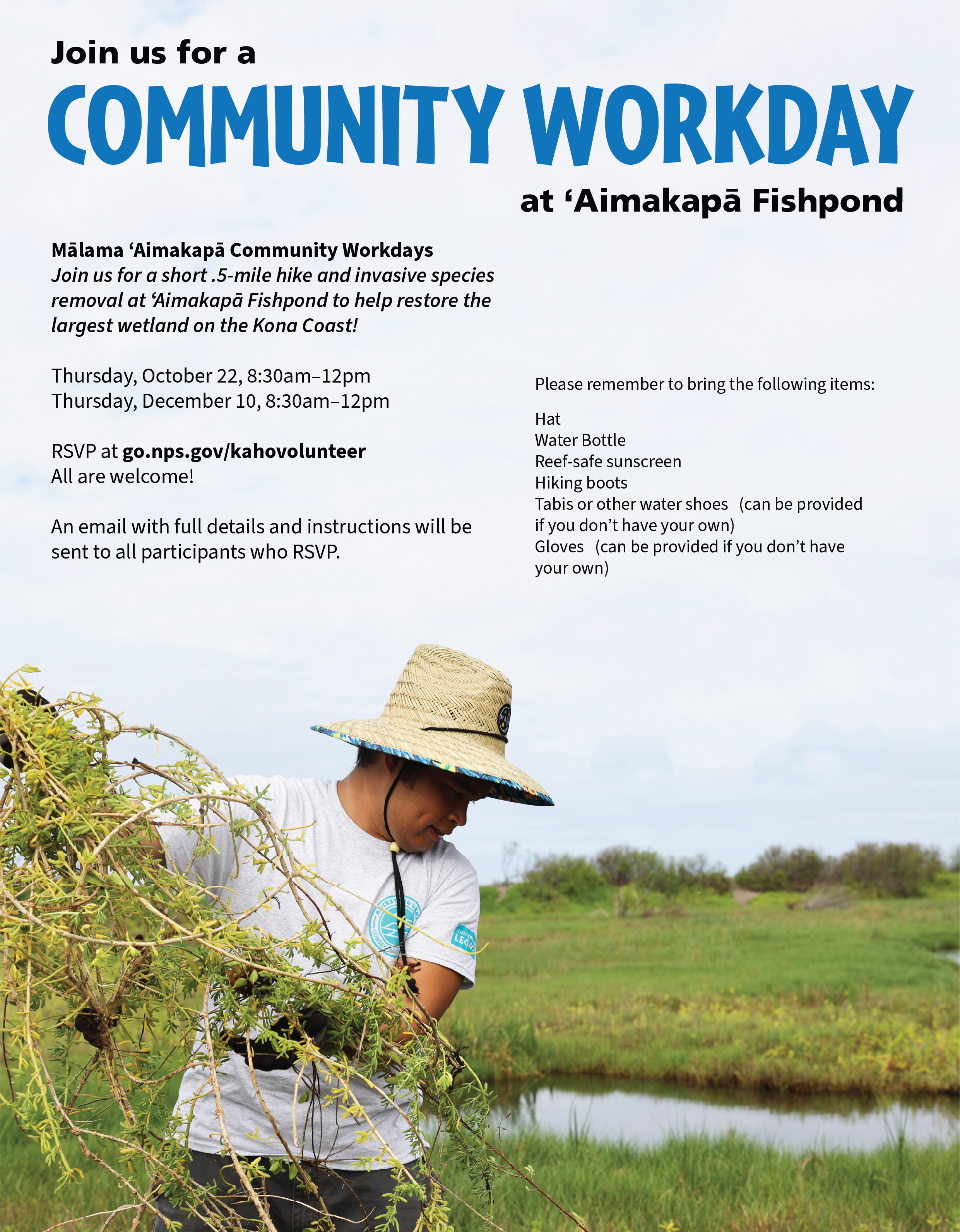 Flyer for Community Workday; photo of young man in sun visor outside pulling weeds