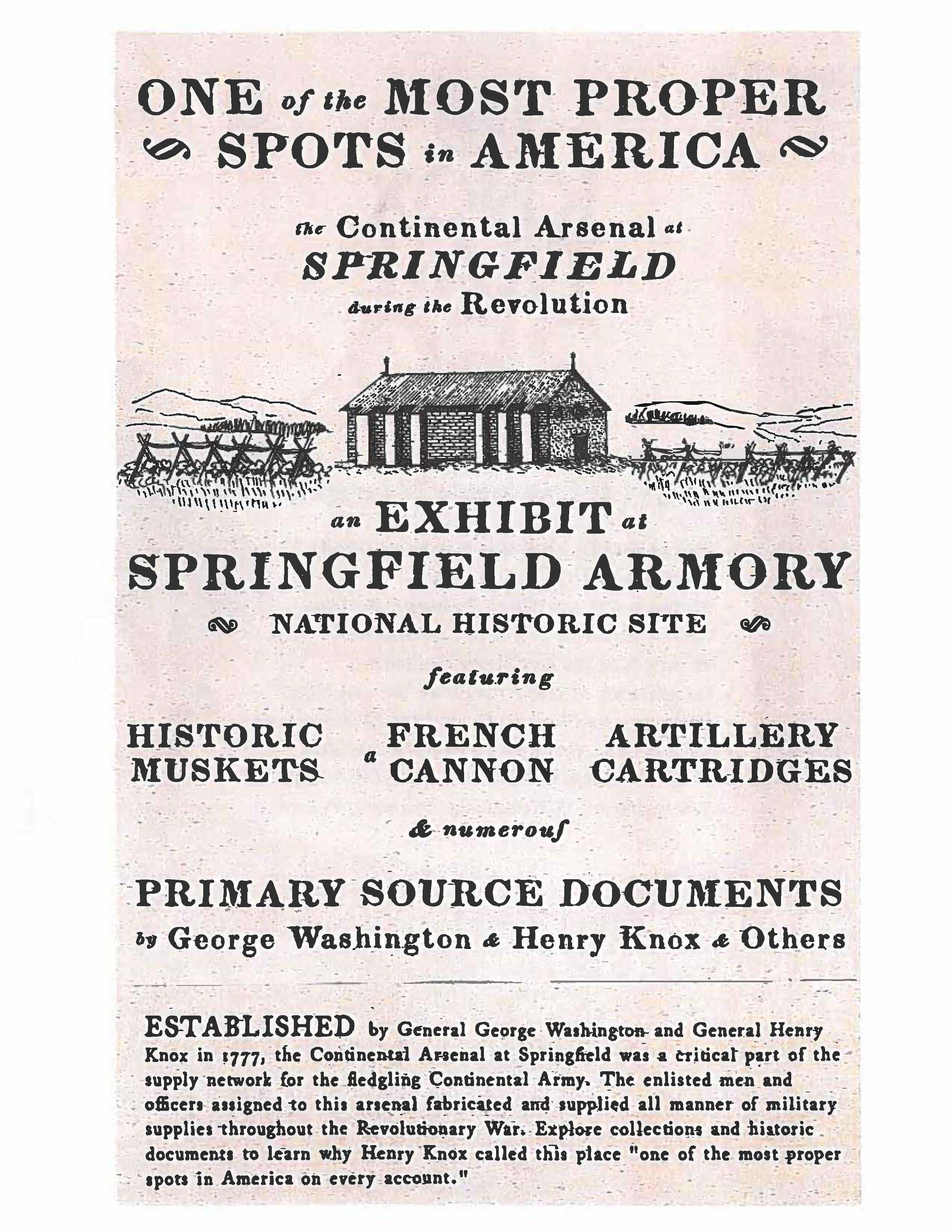 Vintage-style beige flyer with black text and an illustration of a small brick arsenal building