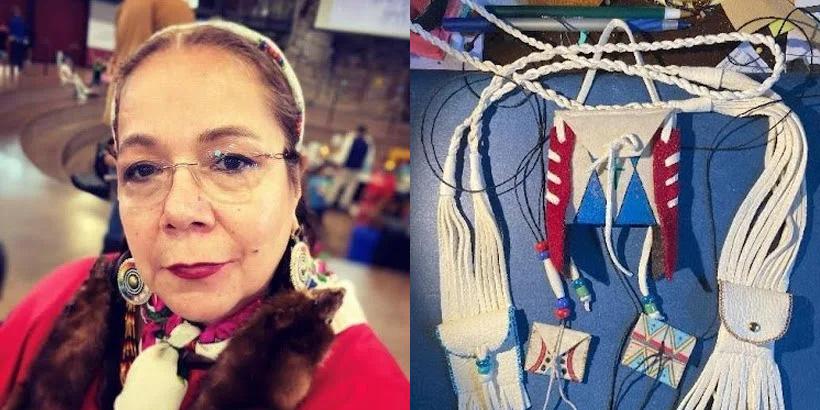 Photograph of a woman alongside a photograph of a pouch.