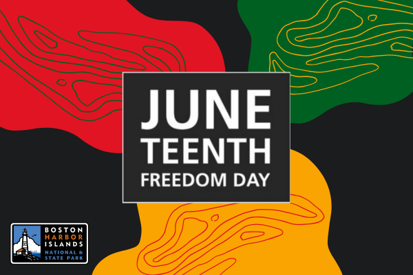Graphic showing the text Juneteenth overlaid on a black, red, yellow and green design background
