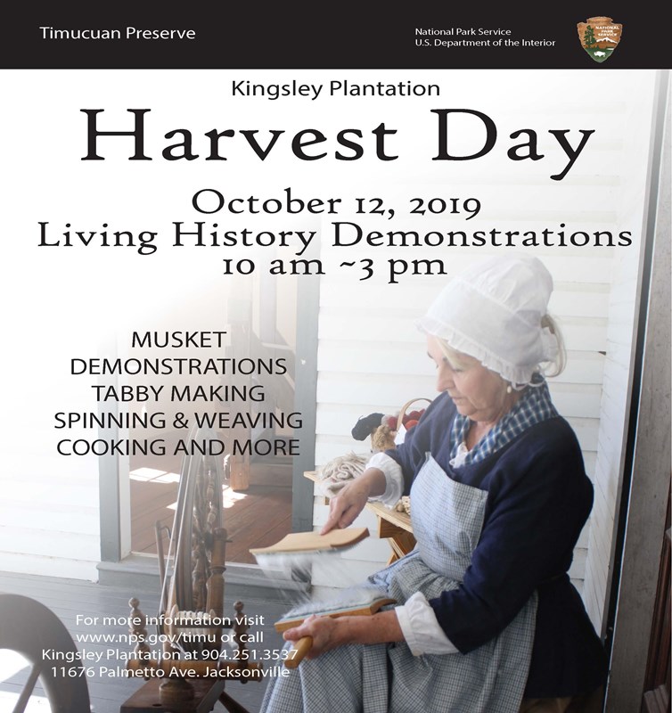 a flyer advertising the event with the title Harvest Day and a woman in a blue period dress spinning