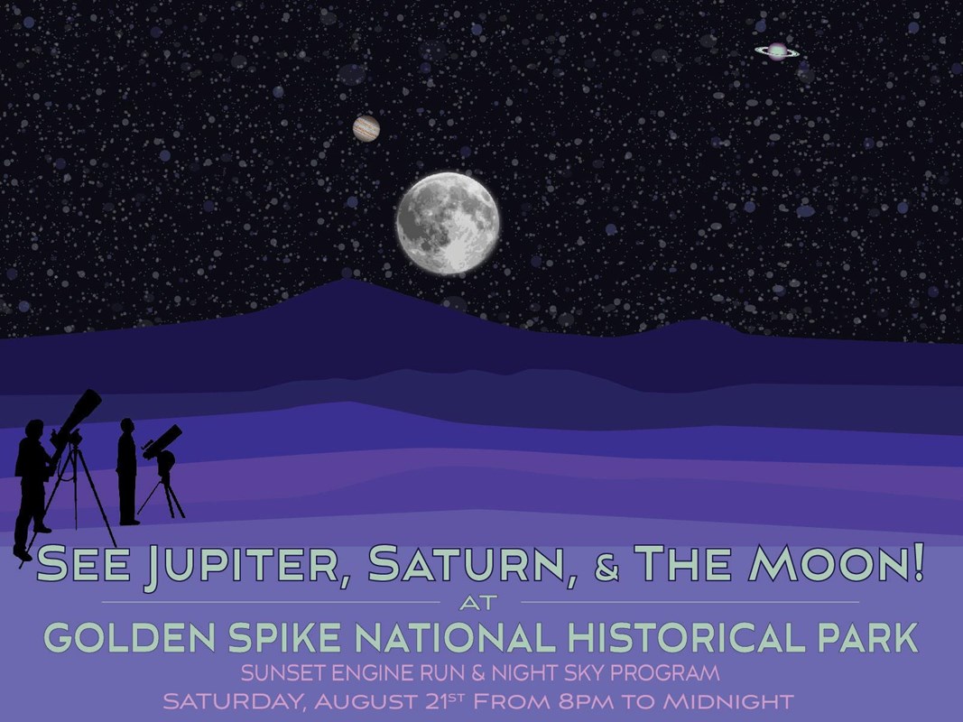 A night scene of mountains, the night sky with some planets, and 2 people with telescopes.