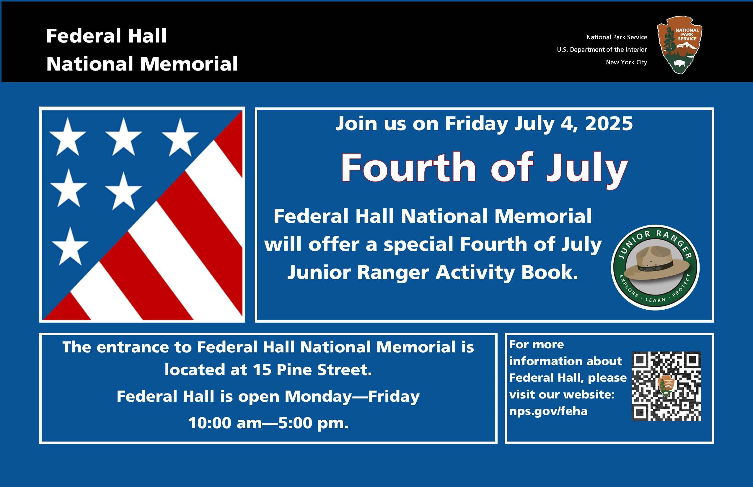 This is a colored advertisement for the July 4th Junior Ranger Program.