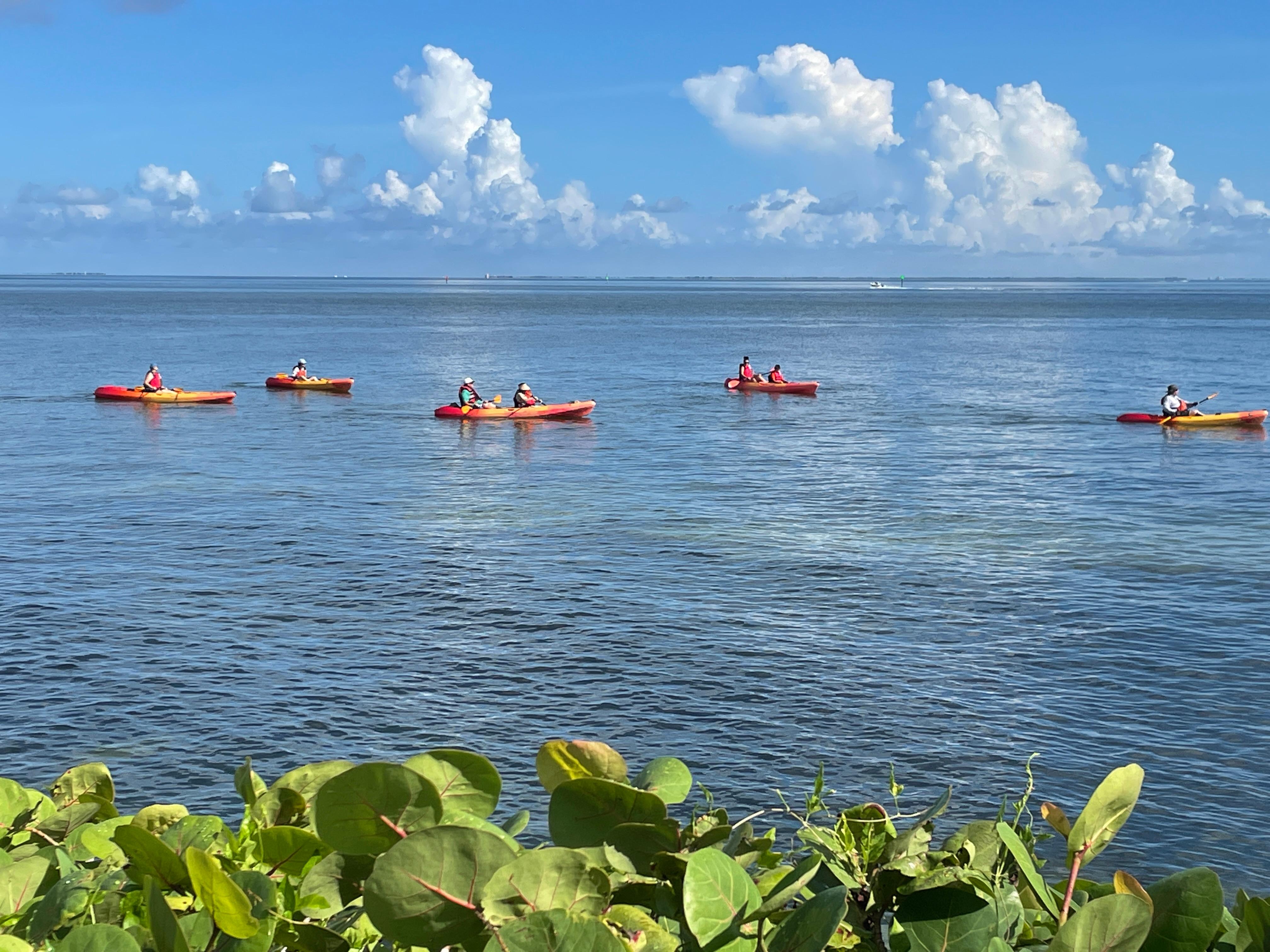 Five kayaks on the water with clouds in background.