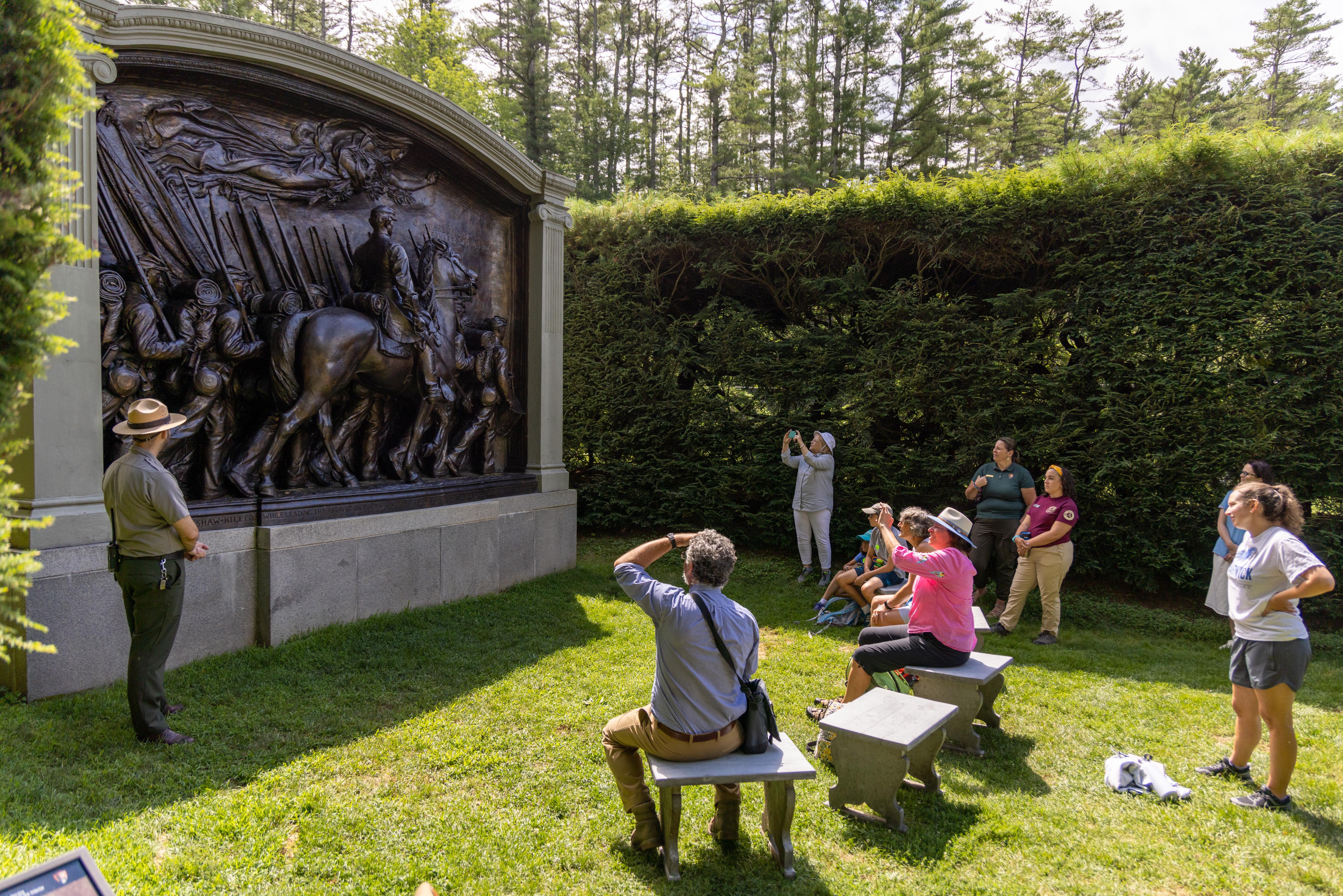 group in front of Civil War monument