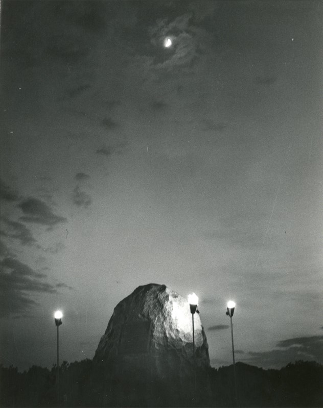 Monument Boulder with Moon in background on July 20, 1969