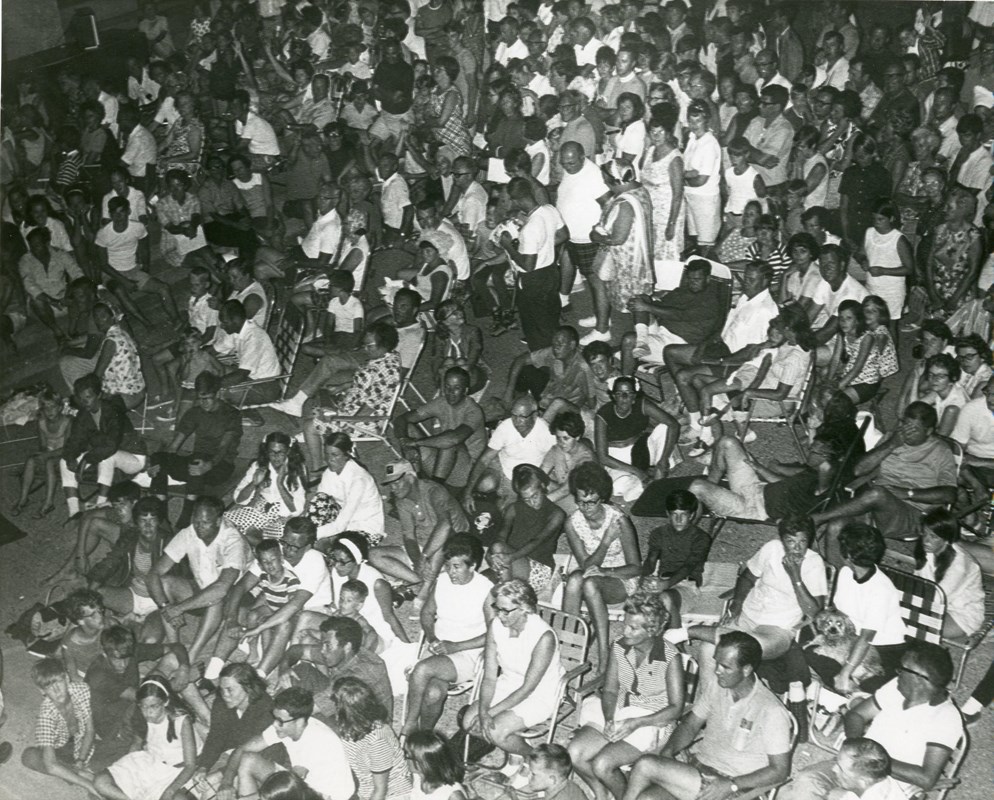 Public watching the broadcast of the Apollo 11 Moon Landing at the visitor center in 1969