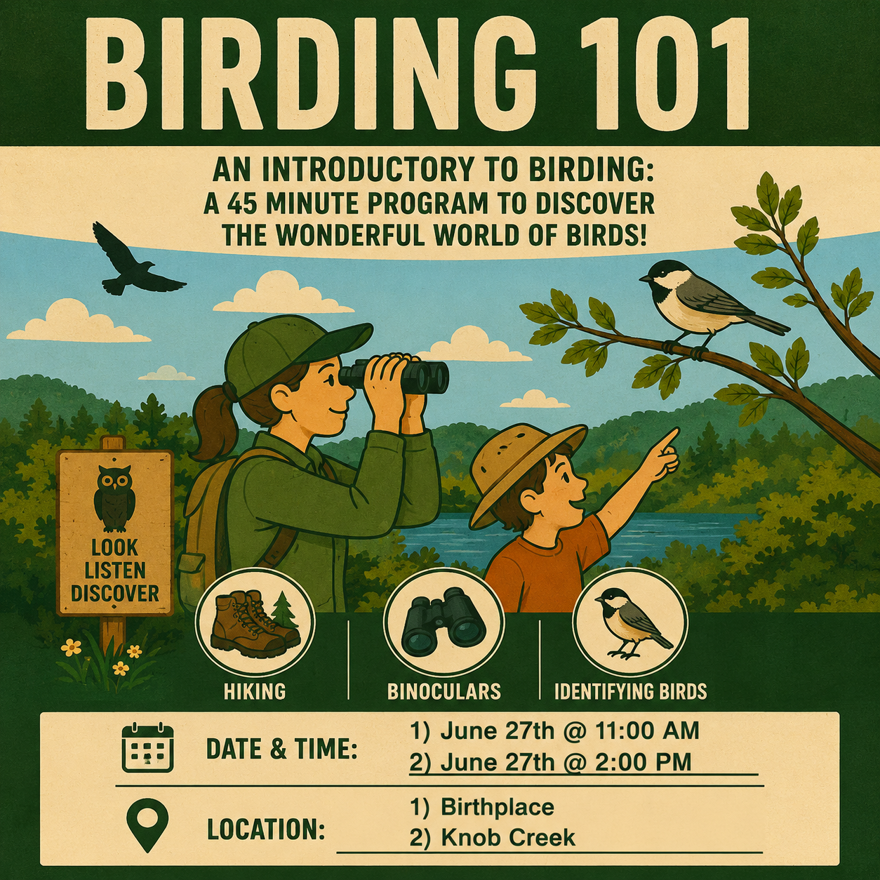 Color flyer on the park's Birding 101 workshop
