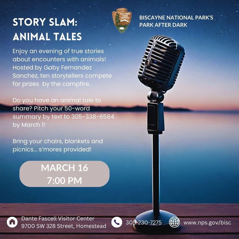 Microphone by the water, twilight in the background. Text matches calendar entry.
