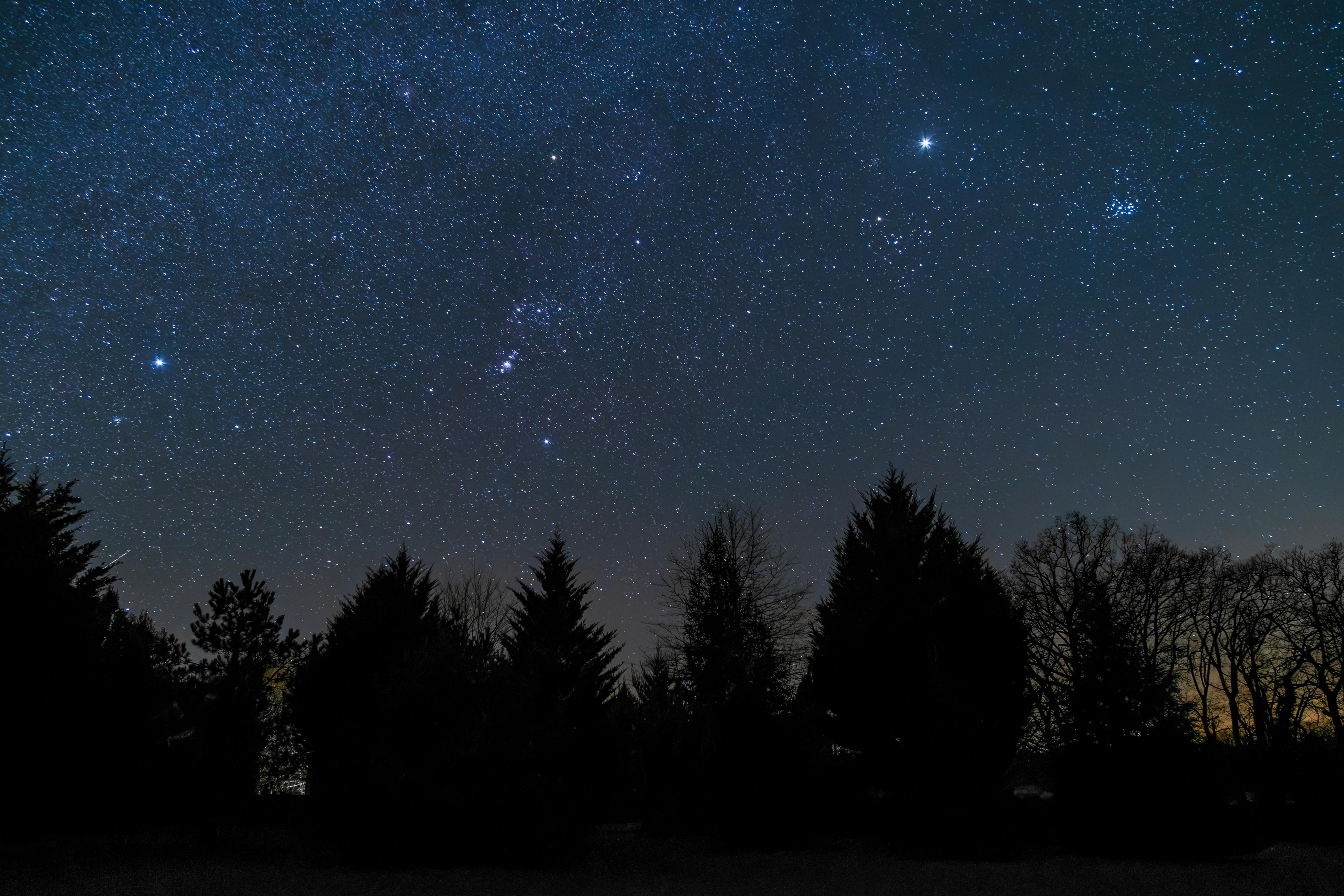 Dark blue sky with bright stars and Jupiter shining bright.