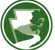 A logo that consists of a keystone symbol, tree and river.