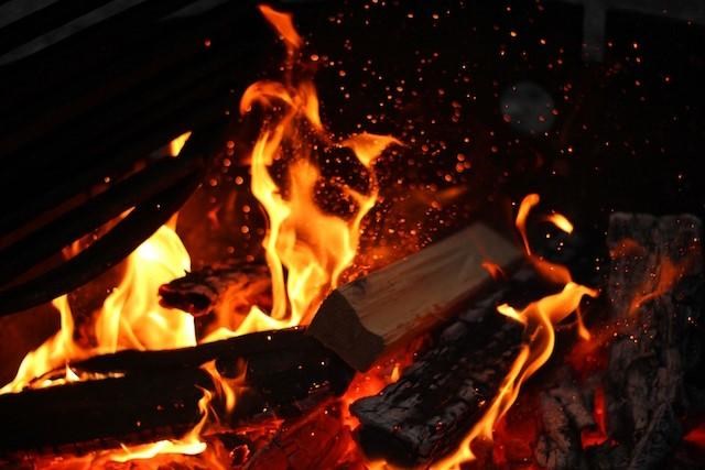 closeup photograph of burning logs and sparks