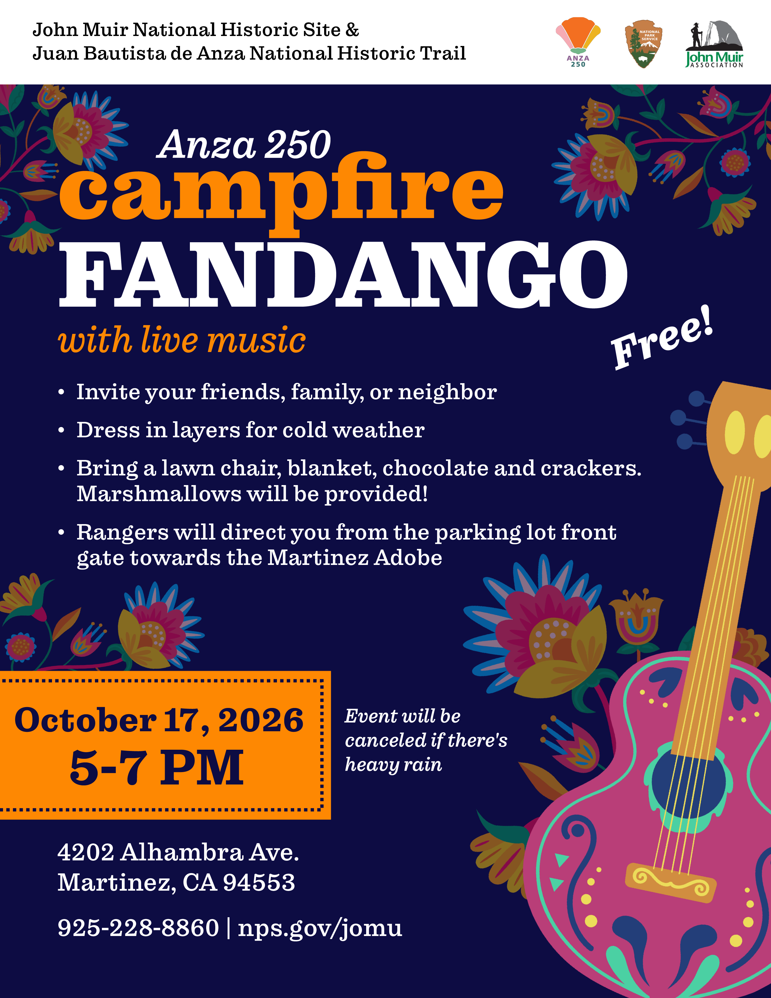 Flyer for the Anza 250 Campfire Fandango event featuring colorful floral artwork and an illustrated