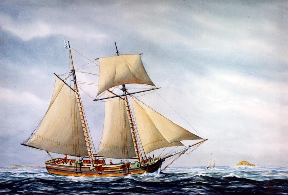 A painting of the continental schooner Hannah in the open ocean.
