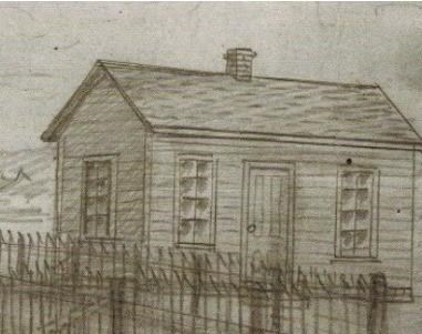 Black & white  drawing by George Washington Carver of a schoolhouse.