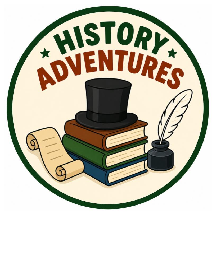 A color, round logo for History Adventures with a top hate, books and feather pen
