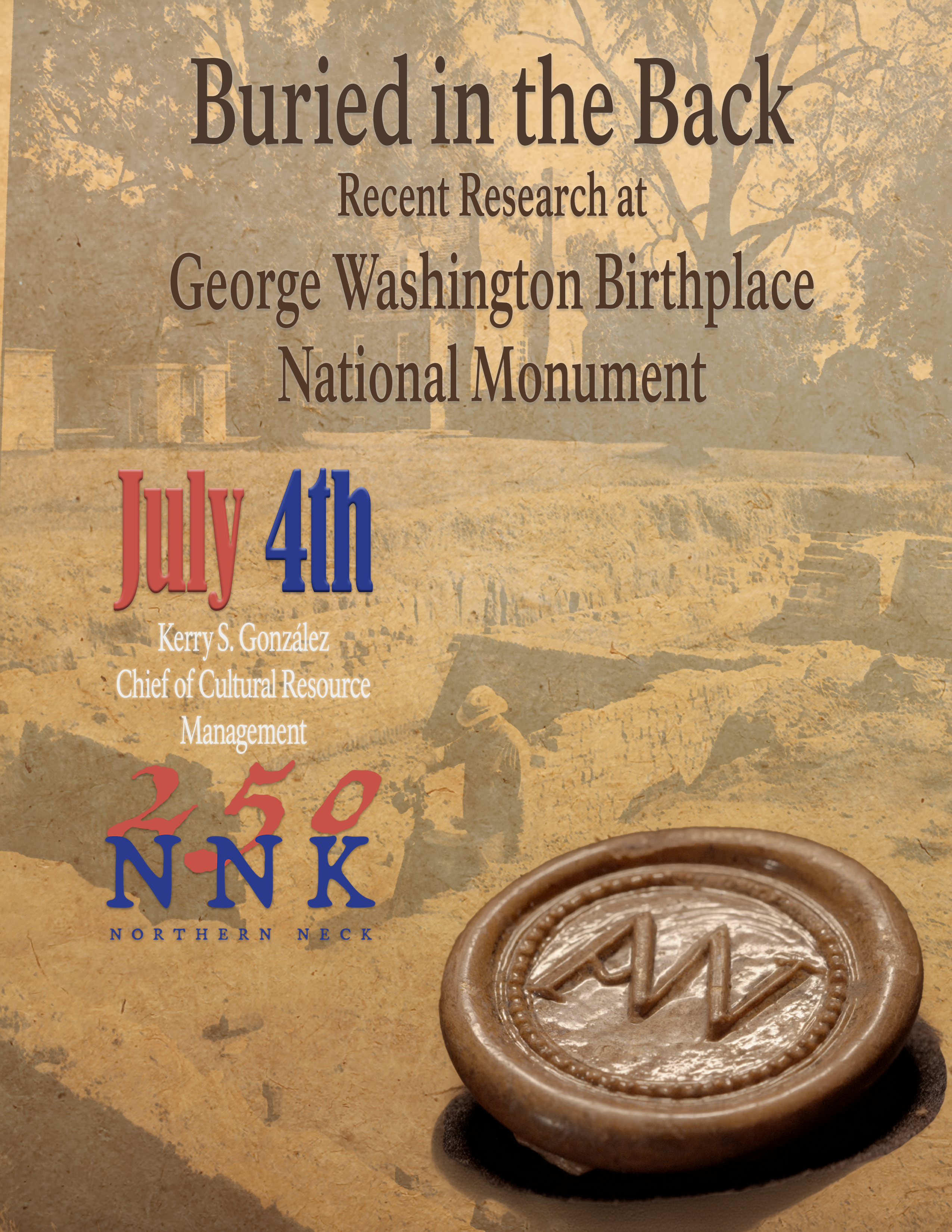 A digital image showing the event title, NNK250 logo, and images of archeology and artifacts.