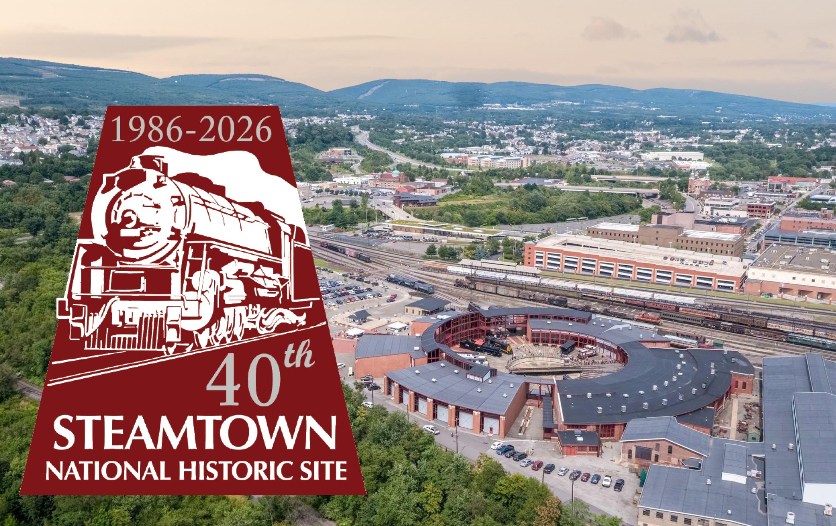 Aerial view of Steamtown with the 40th anniversary logo superimposed