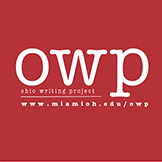 Ohio Writing Project logo and web address on a red background.