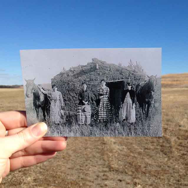 A black and white photo of four women and two horses standing in front of a sod house. A black and white photo of four women and two horses standing in front of a sod house.
