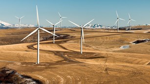 photo of wind turbines on rolling hills