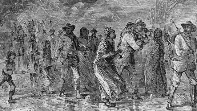 An illustration of freedom seekers escaping on the Underground Railroad.