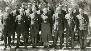 A black and white photo of park rangers from 1938
