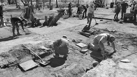 volunteers digging during a Manzanar archeology program