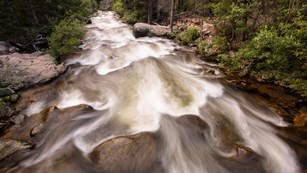 Big Thompson River rushes by at Rocky Mountain National Park.