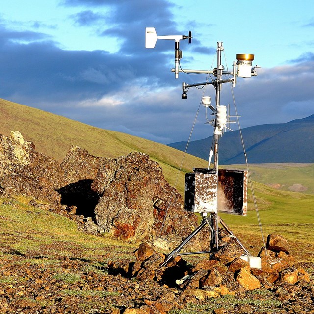 Weather monitoring equipment set up in national park. 